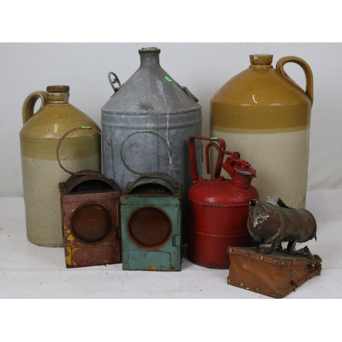 415 - A galvanised water carrier, two large stoneware bottles, two lanterns etc