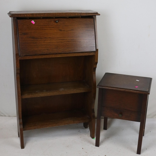 179 - Petite bureau together with a utility era sewing box (bureau measures approx. 61cmW x 24cmD x 96cmH)