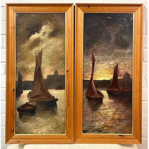 95 - Pair of oil on boards, depicting sailing boats in a harbour, signed indistinct (measures approx 28cm... 