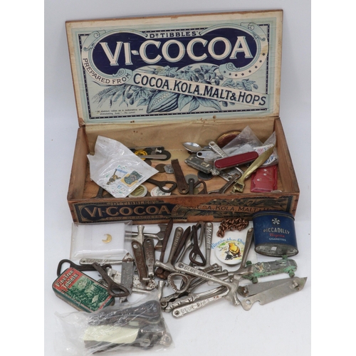 159 - A Dr Tibbles cocoa wooden box with a large quantity of assorted toffee hammers, bottle openers and o... 