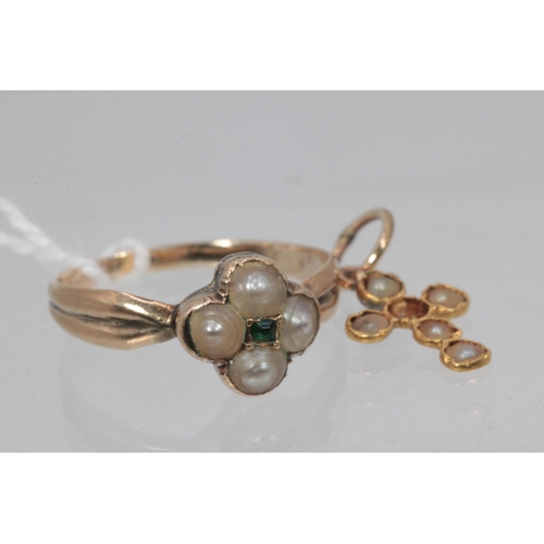 245 - Antique unmarked gold ring set with 4 seed pearls and a centre green stone. Together with a similar ... 