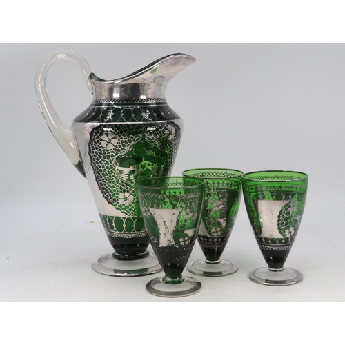 434 - Silver overlaid green jug and three matching glasses