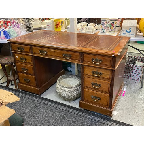 472 - Mahogany early 20c pedestal Desk with inset red leather top.