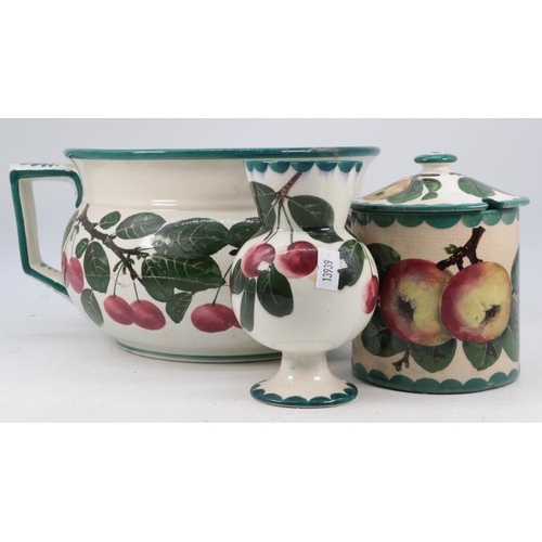 476 - T Goode & Co Wemyss Chamber pot (large crack throughout) together with a Weymss vase repaired to bas... 