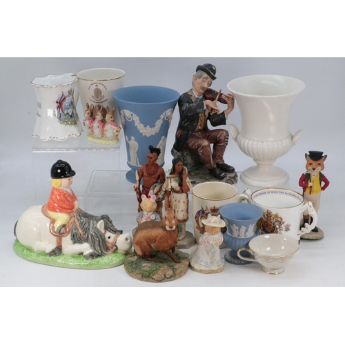 674 - Thelwell money box together with Beatrix potter figures, Wedgwood vase, other ceramics