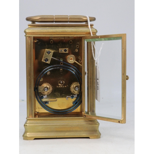 126 - Antique brass cased carriage clock with alarm, by Dent, London complete with key and original travel... 