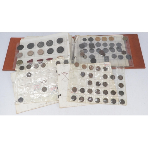 160 - Album of assorted coins including silver farthings,  together with antique and later tokens to inclu... 