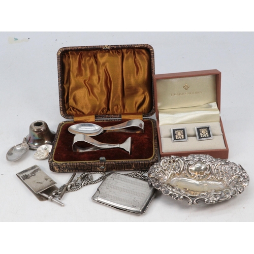 26 - Silver hallmarked christening set, together with silver money clip, small silver pierced dish, silve... 