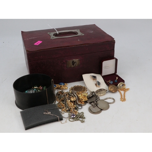 294 - A quantity of costume jewellery in vintage jewellery box with key, includes arabic coins on bracelet... 