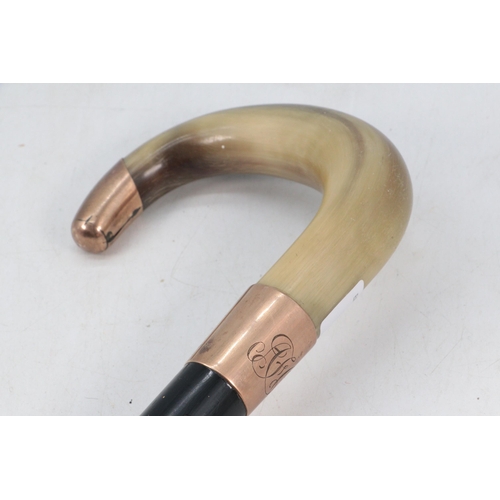 308 - Walking cane with horn handle and 9ct gold collar and handle end