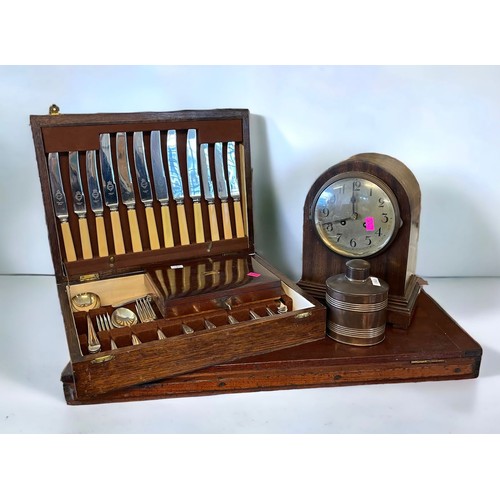 671 - Mahogany cased mantle clock together with canteen of plated cutlery, mahogany box, copper caddy etc