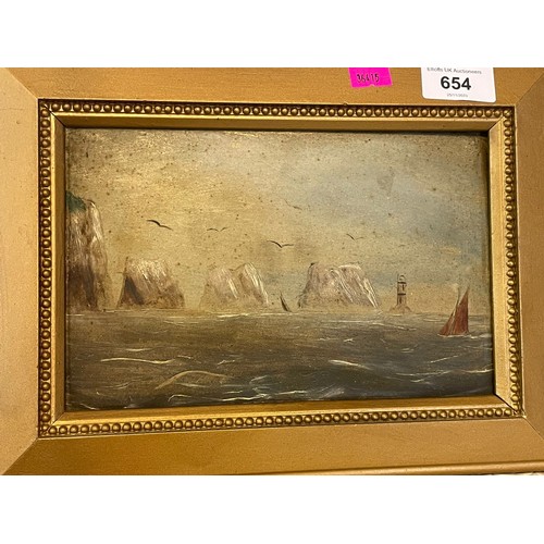 654 - Two oil on boards depicting sea scenes together with another oil on board