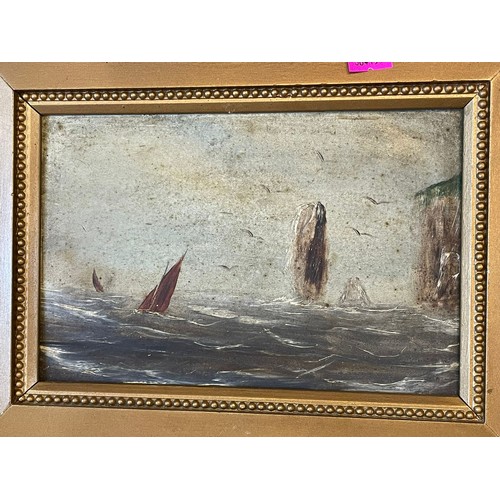 654 - Two oil on boards depicting sea scenes together with another oil on board