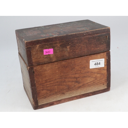 484 - Antique pine caddy hinged box with hand painted house to lid.