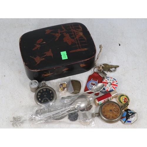 2 - Japanese Chinoiserie lacquered box containing collectables, pocket watches, white metal spoons etc