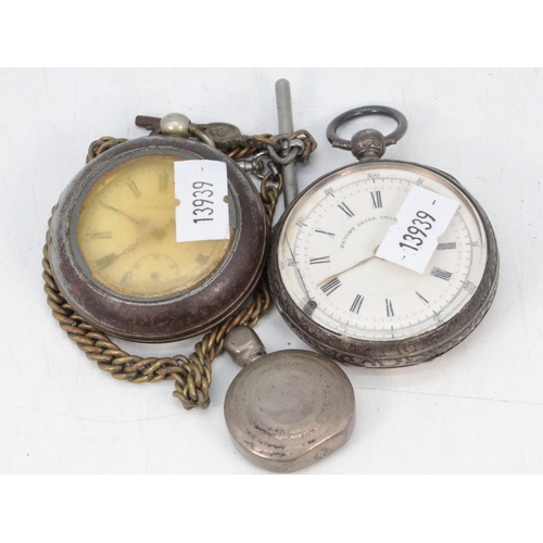 12 - A silver cased pocket watch patent lever chronometer, together with another plated similar, and a sm... 
