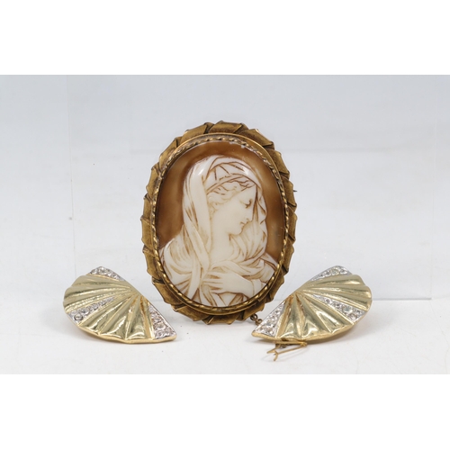 19 - Antique cameo set into gilt metal brooch together with a pair of costume earrings