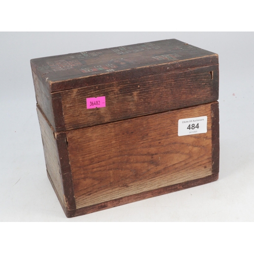24 - Antique pine caddy hinged box with hand painted house to lid.