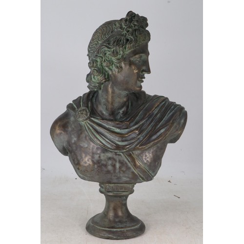 41 - Patinated bronze finish bust of Apollo measures approx. 51.5cm tall