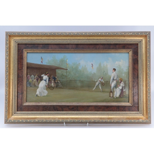 51 - Oil on copper panel of a tennis match signed C.M