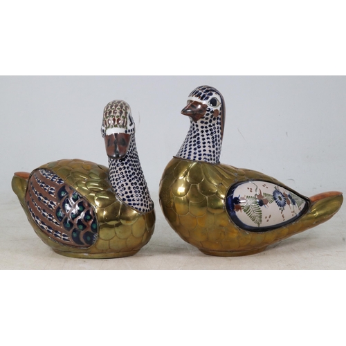 56 - Two brass and ceramic birds