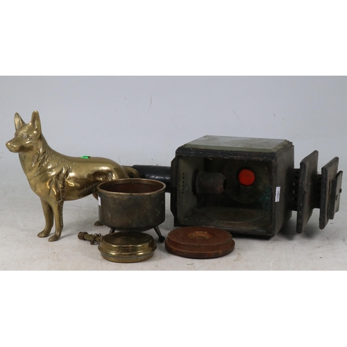 65 - Brass Alsatian together with a brass cauldron and a brass gunpowder flask and a carriage lamp