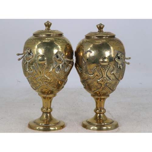 80 - Pair of Oriental brass lidded urns size approx.