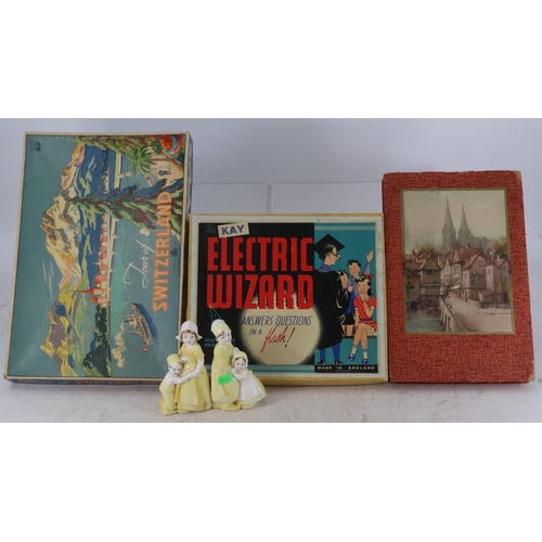88 - Vintage games and jigsaw, Tour of Switzerland together with two porcelain bookends