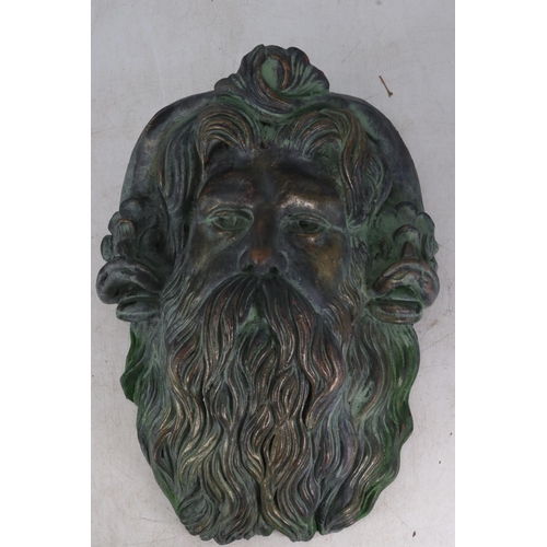 106 - Patinated bronze finish mask in the form of Poseidon measures approx. 45cm tall