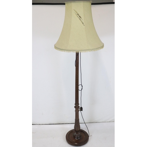 149 - Oak standard lamp with fluted column (note-damage to shade) TRADE/SPARES/REPAIRS