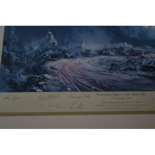 159 - Print of 'Rocket Firing Typhoons at The Falaise Normandy 1944' by Frank Wootton CBE and signed in pe... 