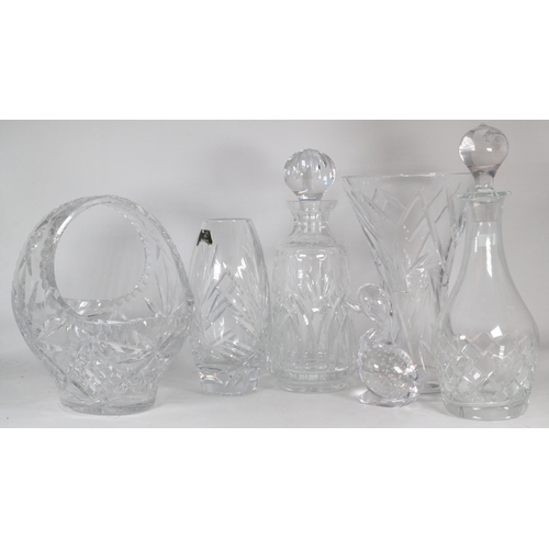 161 - A cut glass basket together with Vase, decanters etc