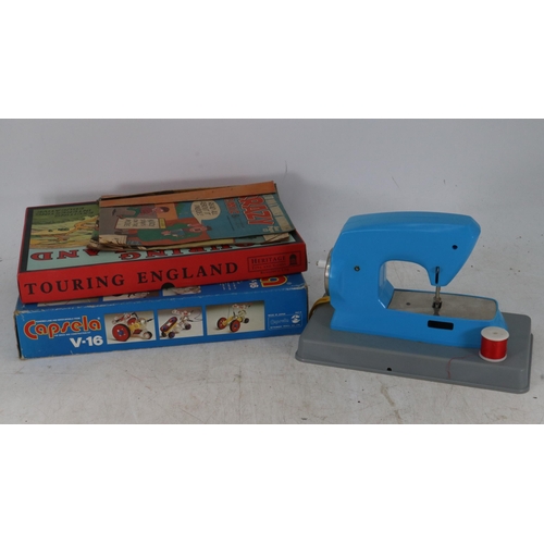 166 - Vintage toys to include Little Betty sewing machine,Capsela V-16, reproduction touring England game,... 