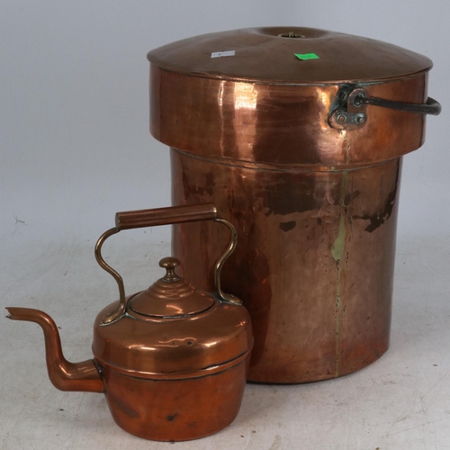 175 - Copper stock pot/fire side bucket? together with a small copper kettle
