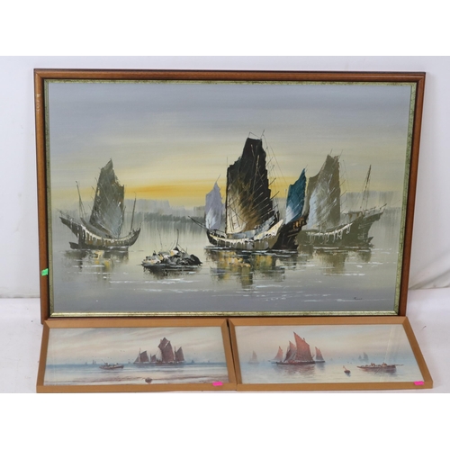 378 - Oil on canvas painting of boats by Jones together with two sea scenes