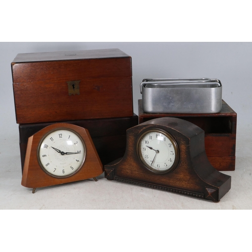 394 - Two mantle clocks, together with two antique boxes (a/f)