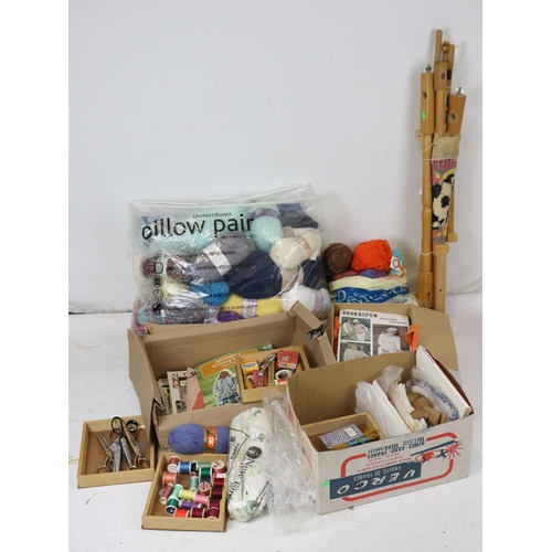 420 - Quantity of sewing, needle craft and knitting items to include a tapestry frame (not checked for com... 