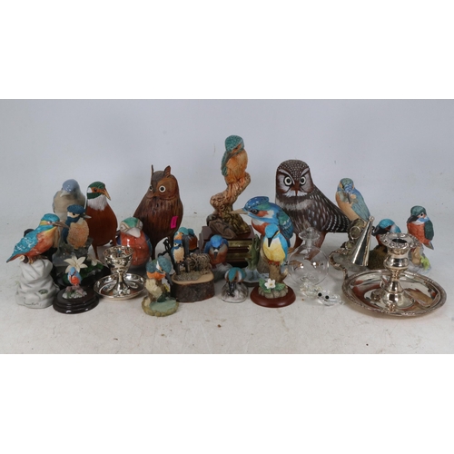 438 - A quantity of Kingfisher Ornaments, Straw made birds, silver plated go to bed candlestick