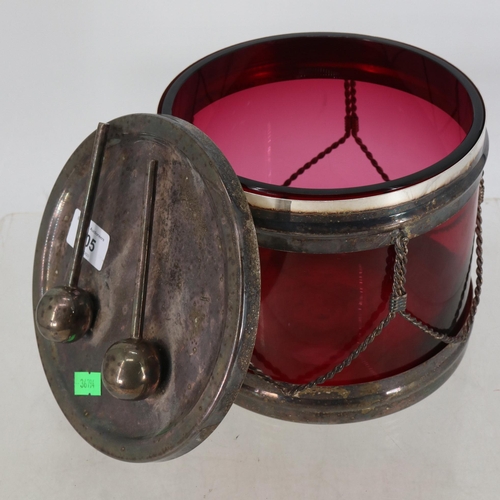 205 - Cranberry ice bucket in the form of a drum measures approx. 19cm dia