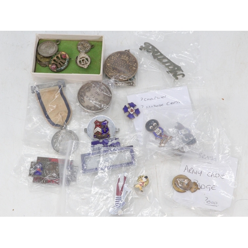 74 - A selection of pin badges, including Territorial button hole, silver hallmarked medallion, rifle med... 