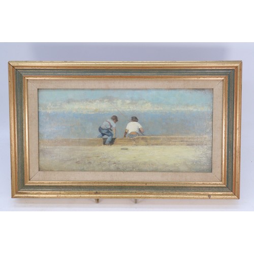 259 - Small oil on board of two boys fishing, scene set in West Bay, no apparent signature (picture measur... 