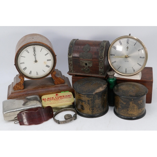 284 - Small attaché case with contents to include two lacquered pots, small oak cased mantle clock and mor... 