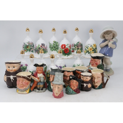 332 - Nao figurine, quantity of small toby Jugs and a collection of Danbury mint porcelain bells.