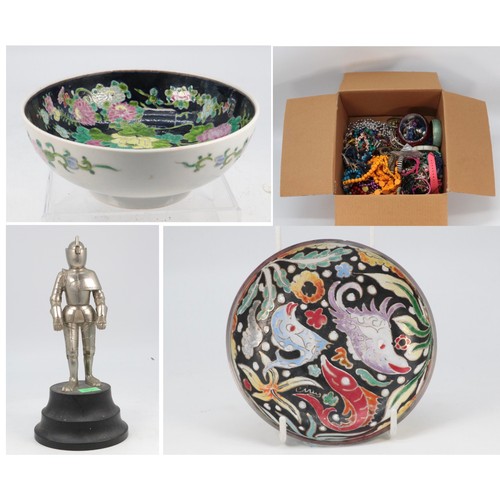 333 - A box of assorted costume jewellery, a novelty table lighter, majolica style jug, oriental pin dish,... 