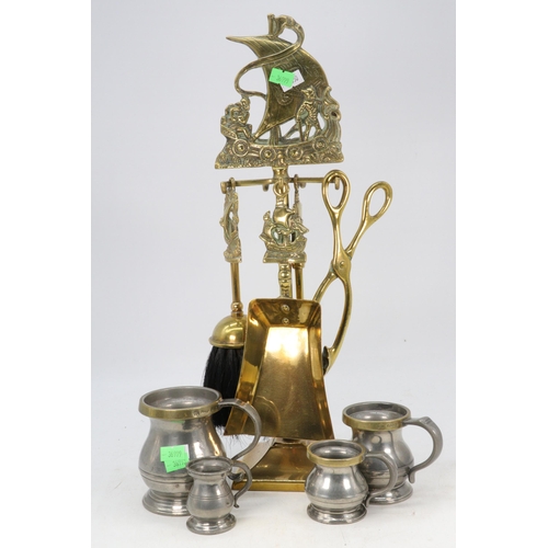 367 - Pewter antique measures together with a Ships style fireside set