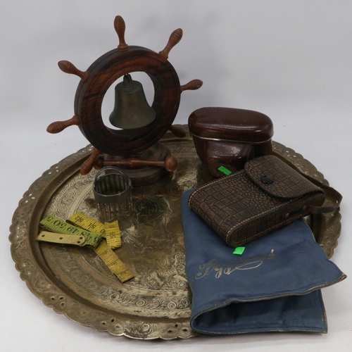 393 - Kodak bellows camera together with a Kodak retina, brass eastern tray, brass gong and stand made fro... 