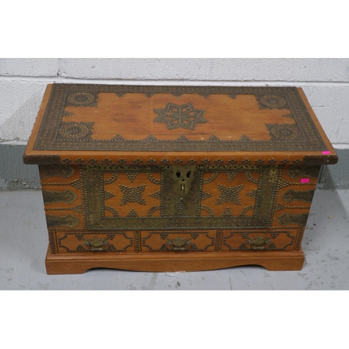 398 - Omani Dowery chest with overlaid brass studs, measures approx. 79cm w x 38cm d x 44cm h