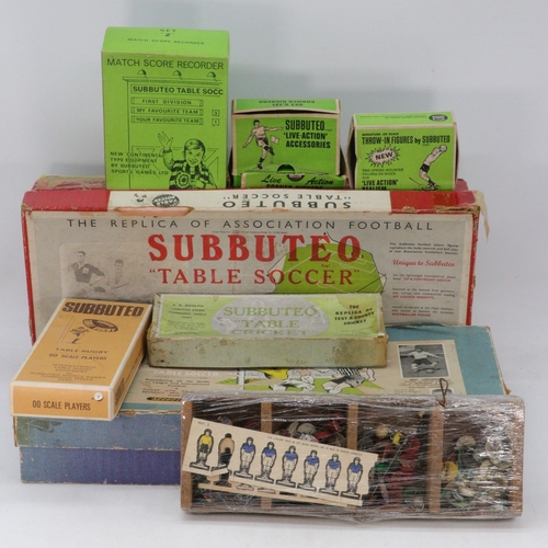 411 - Vintage Subbuteo table soccer set together with a similar new footy table soccer set, other Subbuteo... 