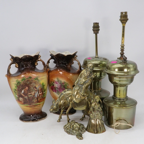 492 - Metal ware items to include oil lamps (one a/f), brass bell, horse figure, two Edwardian vases etc