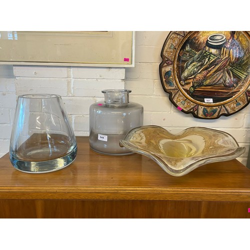 496 - A very heavy contemporary glass vase together with a smoked finish bottle vase and another glass dis... 